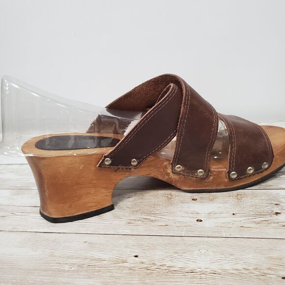 Y2K Candie's Wooden Chunky Heels w/Platform, VTG Brown Leather Sandals, Size: 5 - Picture 3 of 10